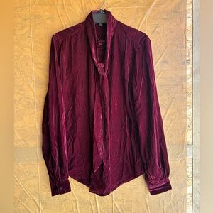 Asos Design Velvet Button Up Blouse With Tie in Burgundy Size Small